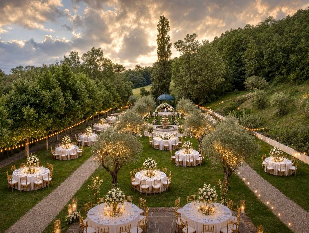 Wedding reception set with round tables in the formal gardens at Les Cazettes, beside the fountain and iron pavilion
